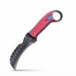 Red Blue Handle Karambit Knife with black curved claw blade, textured metallic finish, red-and-blue handle, gold-colored pins and circular finger ring