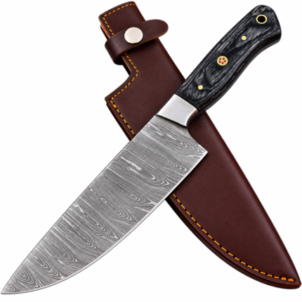 Black Handle Damascus Pattern Chef Knife featuring a broad silver-gray patterned blade, polished bolster, black woodgrain-look grip and brown stitched sheath.