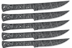 Five Damascus Pattern Full Tang Knife Blanks with matching black and silver patterned curved blades and pre-drilled handle tang holes