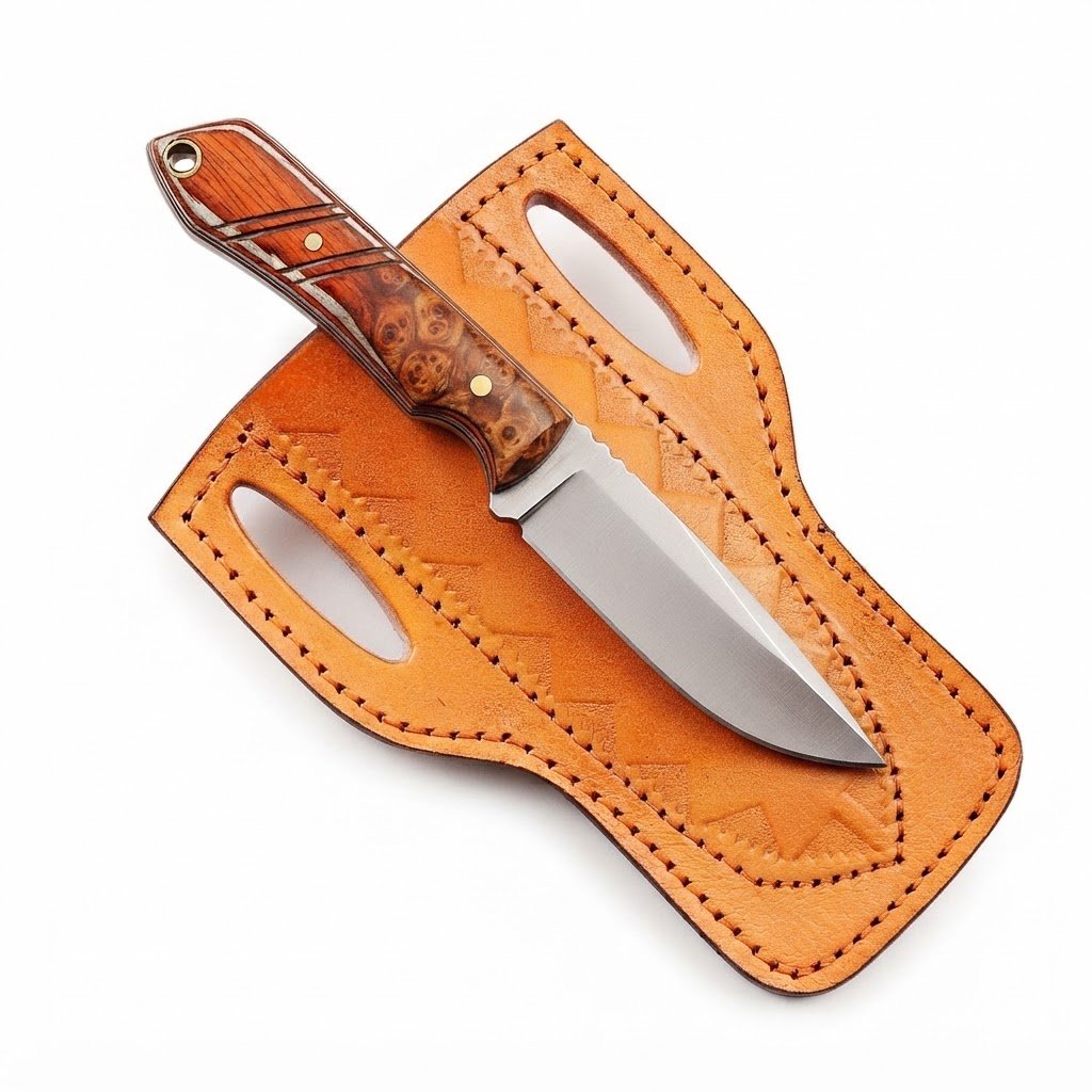23bad698-e70c-42a6-b1e4-2540c3d318bc Compact Curved Skinner Knife with broad two-tone blade, brown and cream wood-grain-style handle and tan stitched belt sheath with snap closure.