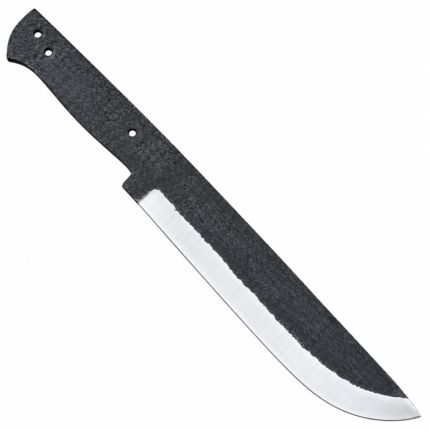 Black Forge Finish Knife Blank showing a broad curved blade, silver cutting bevel, textured dark metal surface and exposed full tang handle with three holes