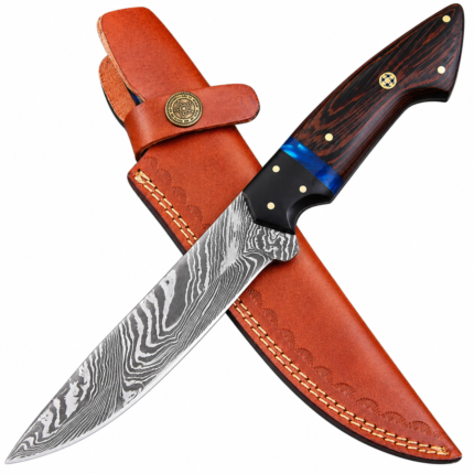 Dark wood Damascus hunting knife with a silver-and-black patterned blade, blue handle accent, decorative pins, and brown stitched sheath