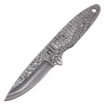 Damascus-style knife blank with silver-gray wavy metal pattern, pointed blade, exposed tang, and multiple circular holes
