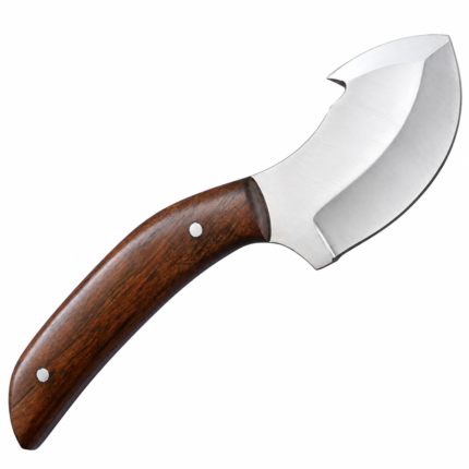 Curved Skinning Knife with polished silver blade, wolf-head engraving, dark brown wooden handle, and black leather-style sheath