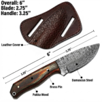 6 Inch Damascus Skinning Knife with patterned steel blade, pakkawood handle, brass pins, and brown leather sheath, showing knife designs and dimensions.