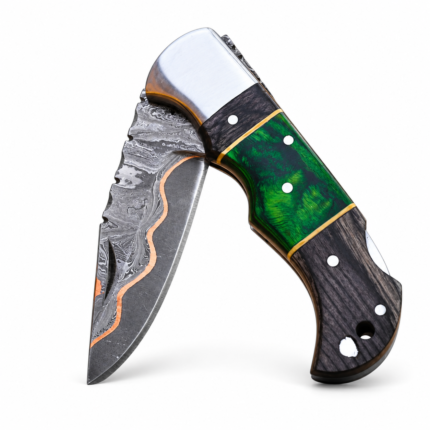 Green Resin Look Damascus Hunting Knife with silver-gray patterned blade, copper-colored wave accent, green-and-black marbled handle and silver bolster.