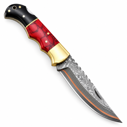 Red marbled folding knife shown open with a black rear handle, gold-tone bolster and pins, and a patterned blade with a copper-tone stripe