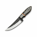 Black textured fixed blade knife with a bright silver-colored cutting-edge section, dark olive-and-black wood-grain-style handle, four metallic pins, and orange spacer