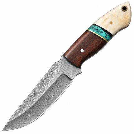 Damascus pattern fixed blade knife with a curved silver-gray patterned blade, reddish-brown wood-grain grip, turquoise decorative band and cream bone-look handle