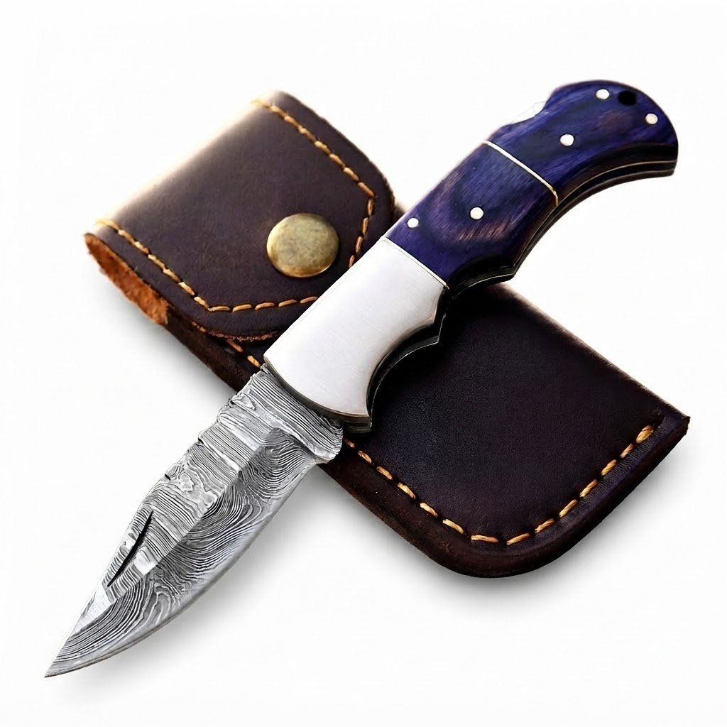 2af4b283-6c7f-4a62-bb67-8abea4dbfc44 Blue Handle Damascus Folding Knife with silver-gray patterned blade, polished silver bolster, blue-purple handle and dark brown carrying pouch.