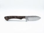 Decorative filework hunting knife with satin silver blade, dark crosshatched markings, brown wood-grain handle, brass-colored pins and rear lanyard hole.