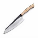 Wood Handle Fixed Blade Hunting Knife with silver drop-point blade, dark scalloped spine, light brown three-pin handle and tan stitched sheath.