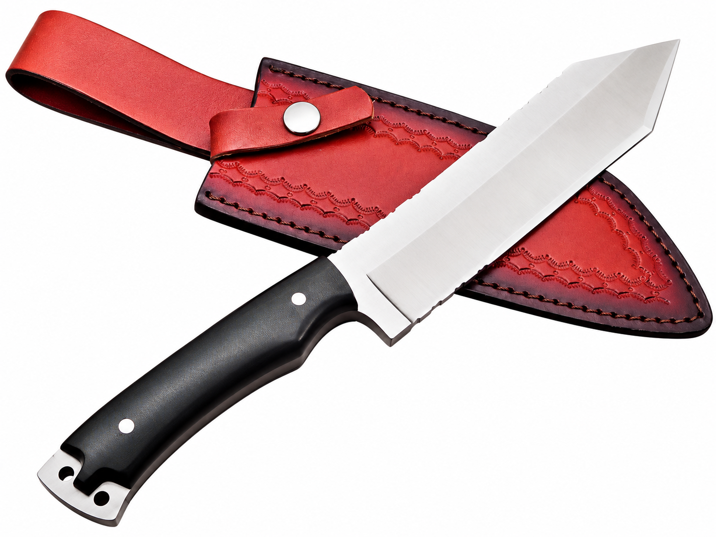 2ce94688-a3ea-4280-bda7-d1a2c37f8913 Black Handle Tanto Hunting Knife with Satin Finish Steel Blade, Angular Tanto Point, Black Contoured Grip and Red Leather Sheath