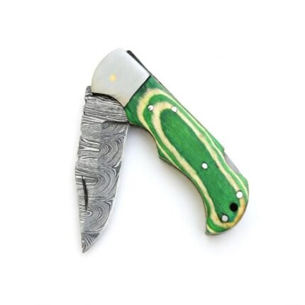 Damascus Steel Folding Pocket Knife with Green Wood Handle