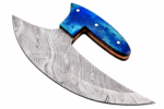 Blue Handle Curved Damascus Knife with wide sweeping silver-gray patterned blade, vibrant blue contoured grip and three silver-toned pins