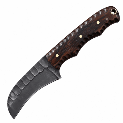 Dark wood curved hunting knife featuring a deeply curved dark steel blade, textured brown wood-grain handle, three brass-colored pins, and a metal-lined lanyard hole