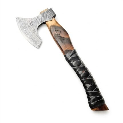 Engraved Handle Damascus Viking Axe with a broad silver-grey patterned bearded head, brown wood-grain shaft, geometric symbol and black crisscross grip wrapping