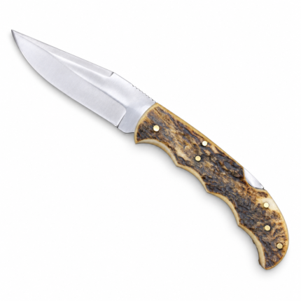Stag-style handle knife with a broad silver-toned pointed blade, textured dark brown and cream-colored grip, contoured finger grooves, and gold-colored pins