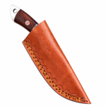 Damascus pattern knife with a black and brown handle, blue centre band, two mosaic pins, and a silver-tone end with a lanyard hole.