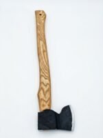 Long Handle Camping Axe with natural wood-grain handle, black wrapped grip, dark axe head and brown protective sheath