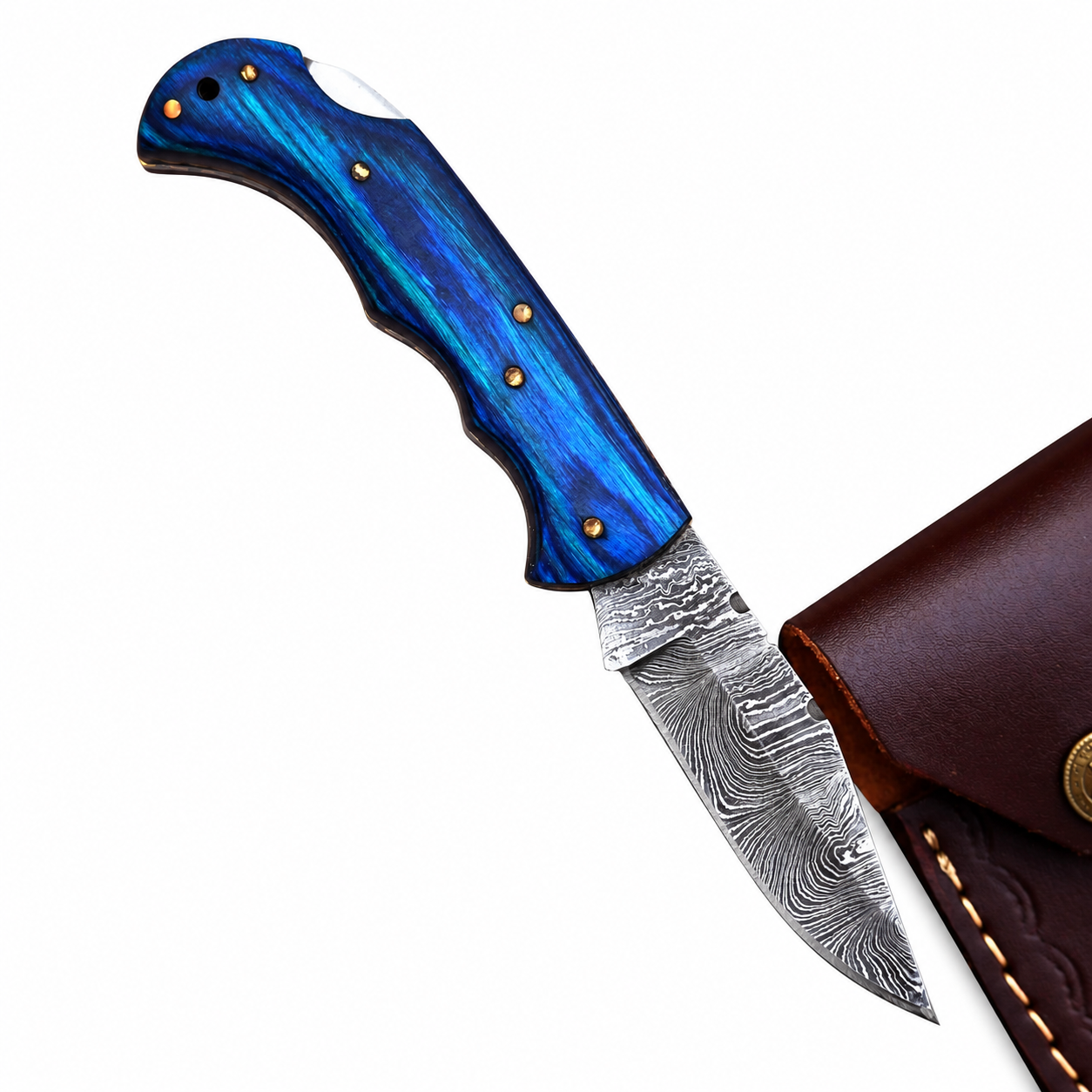30b7b4d4-80a1-4aa9-a25c-e9307e9fa53b Blue Damascus Pattern Folding Knife shown open with a curved silver-gray patterned blade, electric-blue contoured handle and metallic decorative pins