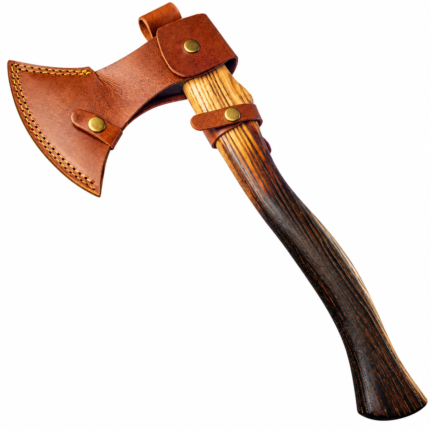 Engraved Nordic Viking Axe with silver curved bearded head, black Celtic-style knotwork and geometric motifs, and a golden-brown to dark wooden handle