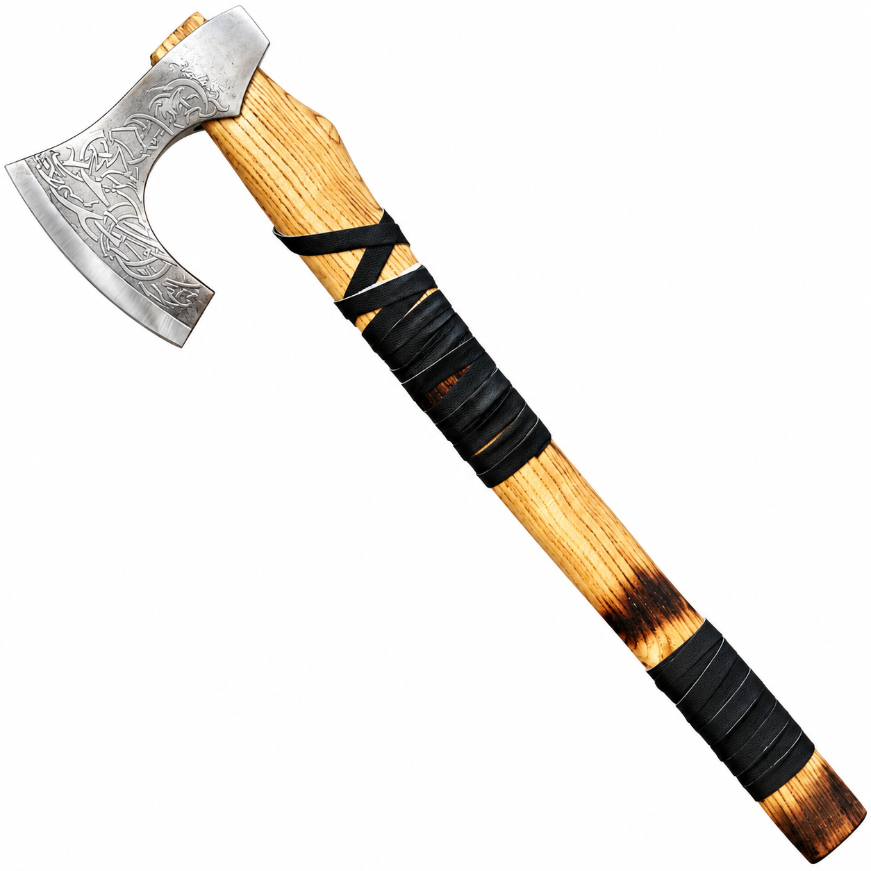 319b6b2c-2188-4be1-bdd8-9ed97426492c Engraved Viking Axe with silver Norse knotwork axe head, long golden wood-grain handle and black grip wrapping
