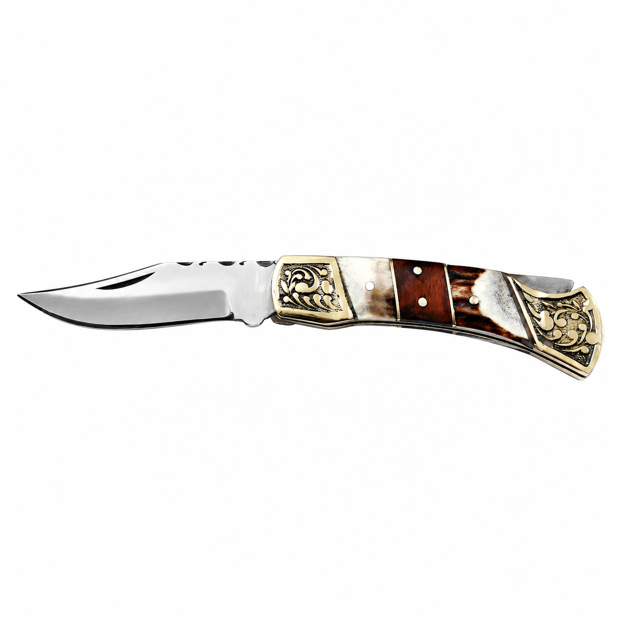 Ornate Brass Bolster Folding Knife with polished silver blade, engraved gold-tone floral fittings and curved brown and cream decorative handle.