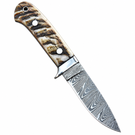 Cream and black handle knife with a flowing gray blade pattern, silver-tone bolster, and two pins beside a brown stitched sheath with a snap strap.