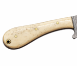 Damascus Pattern Cleaver Knife with broad squared-tip blade, black-and-silver layered wave design and curved cream-colored handle with three gold-colored pins.