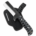 Textured handle cleaver-style knife with a straight silver-colored blade, black diamond-patterned upper surface, and curved crosshatch handle with two circular metallic details