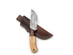 Two-Tone Wood Handle Damascus Hunting Knife with patterned drop-point blade, golden-brown and dark wood-grain handle, beside a brown stitched sheath.