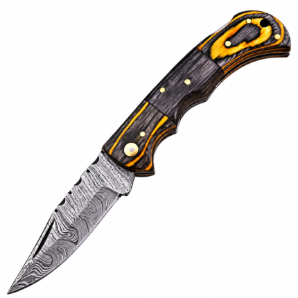 Damascus hunting knife featuring curved patterned blade and notched spine