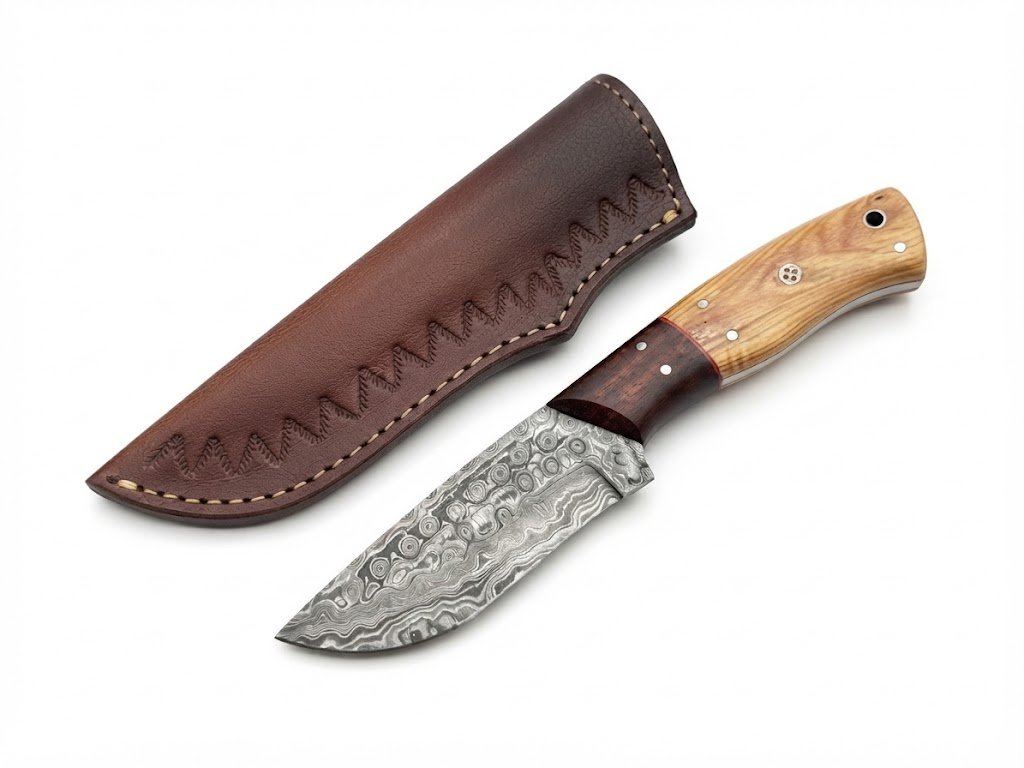 36bf6a9d-f767-4fbe-835b-245bf2e79dbc Two-Tone Wood Handle Damascus Hunting Knife with patterned drop-point blade, golden-brown and dark wood-grain handle, beside a brown stitched sheath.