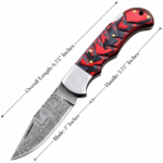Red Black Damascus Folding Knife with curved patterned blade, sculpted red and black handle, silver bolster and gold-colored pins