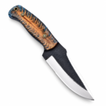 Blue Resin Handle Fixed Blade Knife with black textured blade, polished silver edge, blue-and-brown patterned grip and stitched brown sheath
