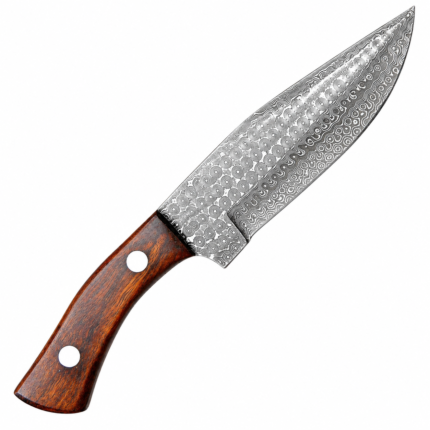 Raindrop Damascus Pattern Fixed Blade Knife with long curved silver patterned blade, reddish-brown wood-grain-look handle and two silver pins.