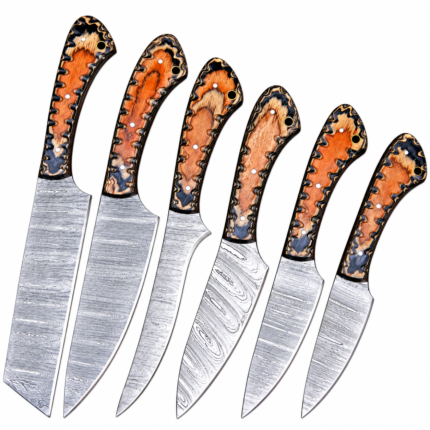 Orange and Black Damascus Pattern Kitchen Knife Set showing six differently shaped silver-gray blades with matching orange wood-grain-style handles and black decorative detailing.