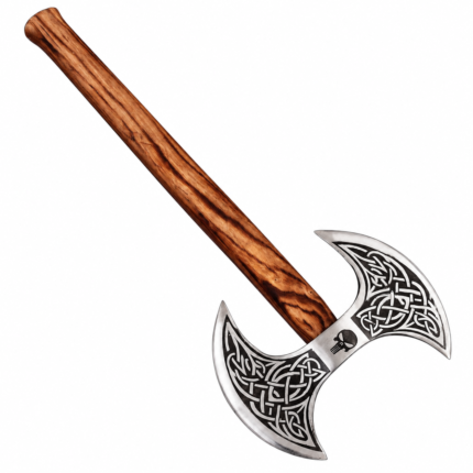 Hand Forged Viking Double Headed Axe featuring silver curved blades, black Celtic knot engravings, central skull emblem, and brown wooden handle.