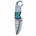 Turquoise Ring Handle Damascus Knife with curved silver-gray patterned blade, scalloped spine, turquoise and gray marbled grip, pictured beside a black stitched sheath.