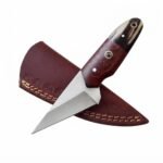 Two-tone handle fixed blade knife with silver pointed blade, reddish-brown grip, dark cream handle end and matching brown stitched sheath.