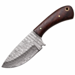 Wide blade Damascus pattern hunting knife with curved cutting edge, dark reddish-brown wood-grain handle, gold-tone fittings and lanyard hole