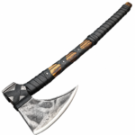 Crescent blade Viking axe with a textured silver-tone head, brown grain-look shaft, long black grip wrap, and crossed straps with silver-tone fasteners.