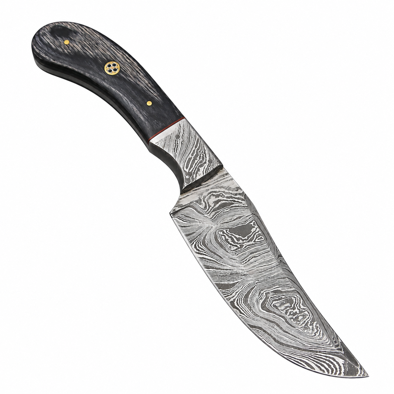 Black handle fixed blade knife with a silver-grey Damascus-style pattern, mosaic-style pin, gold-tone pins, and red spacer