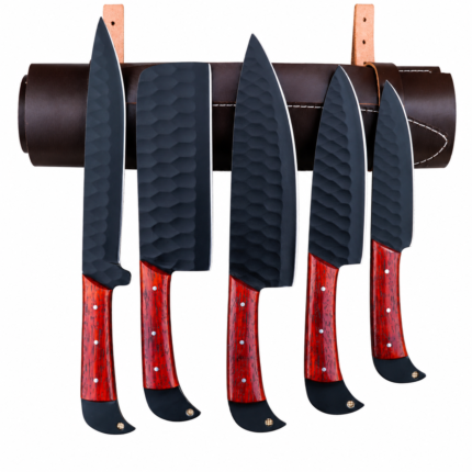 5-Piece Black Kitchen Knife Set with textured black blades, silver cutting edges and red wood-grain-style handles