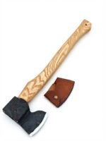 Long Handle Camping Axe with natural wood-grain handle, black wrapped grip, dark axe head and brown protective sheath