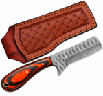 Orange Black Damascus Pattern Cleaver Knife with broad silver-gray blade, orange-and-black contoured handle and brown embossed stitched sheath.