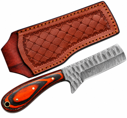 Orange Black Damascus Pattern Cleaver Knife with broad silver-gray blade, orange-and-black contoured handle and brown embossed stitched sheath.