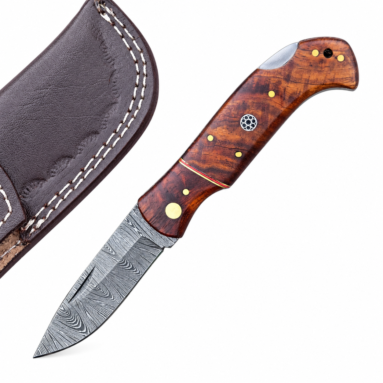 3e13a47e-4553-4c4f-bb5c-9053deadbdf6 Open brown handle folding knife with a wavy patterned blade, circular mosaic-style pin, gold-tone fittings, and red accent stripe
