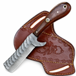 Broad Blade Utility Knife with dark wood-grain handle and embossed brown sheath